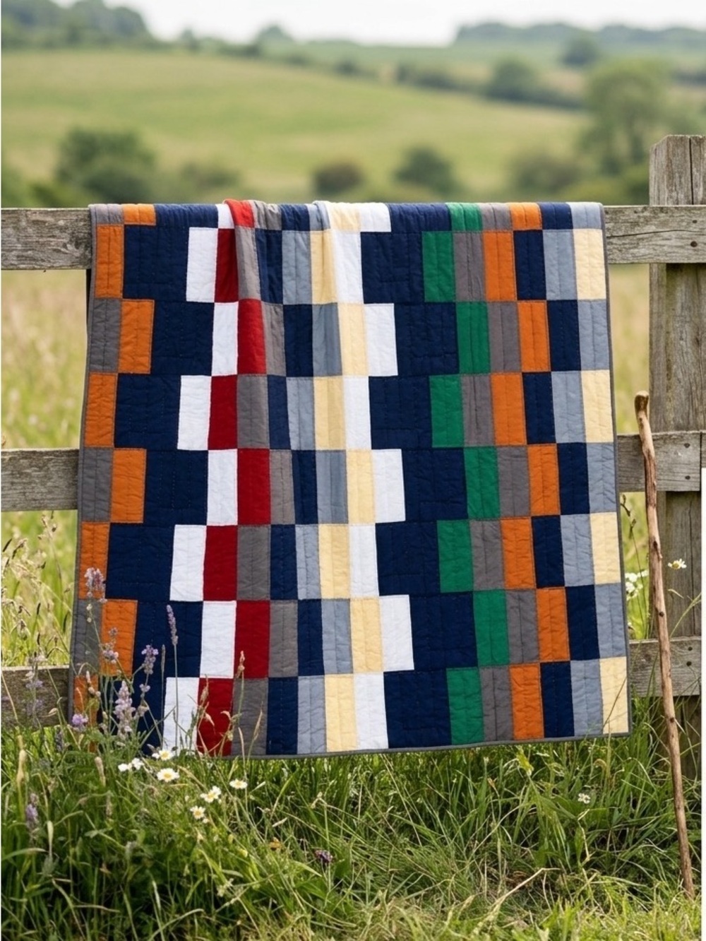 Handmade Blue Gazing Log Cabin FINISHED Patchwork Queen Size 100%Cotton QUILT
